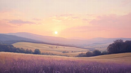 serene sunset over rolling hills and lavender field