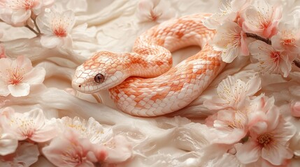 Obraz premium Pale snake coiled amidst delicate pink cherry blossoms on a white fabric.