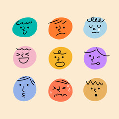 Abstract hand drawn comic faces with various emotions