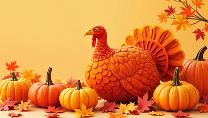 Decorative turkey with pumpkins and autumn leaves