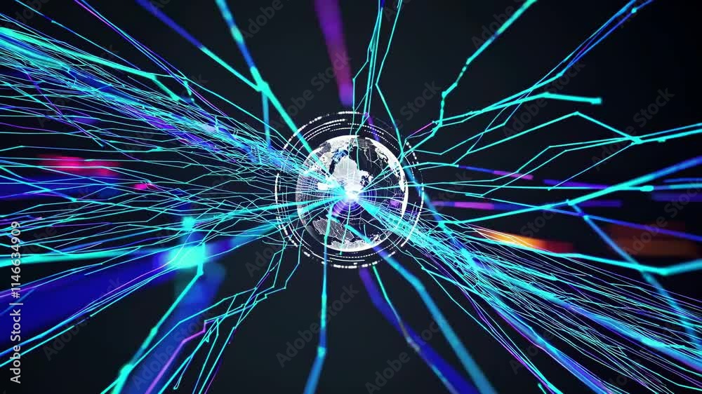 Poster digital representation of a global network interacting with data streams at high speed