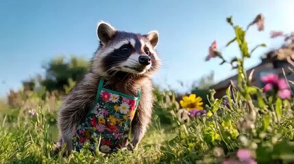 Fototapeta premium Cute raccoon wearing apron standing in colorful flower field during sunny day