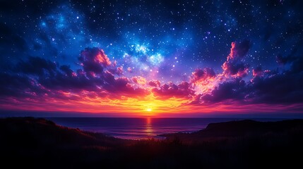 Fototapeta premium Vibrant sunset over ocean with colorful clouds and starry night sky.