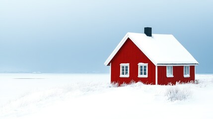 Red cabin in snowy landscape, winter scene.