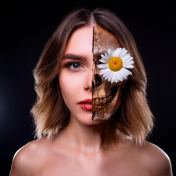 Ritratto di giovane donna con il viso mezzo teschio