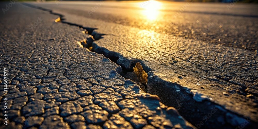 Poster a crack in the asphalt road, illuminated by the warm glow of the setting sun, reflecting the golden 
