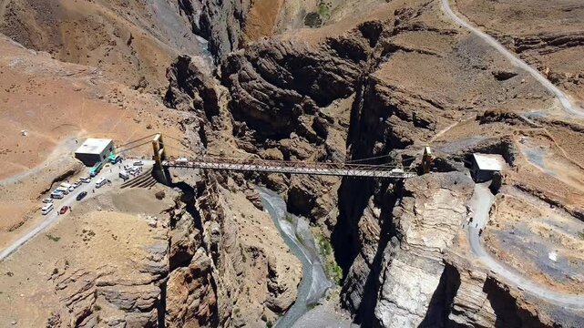 Aerial view of chicham bridge the highest bridge in asia at the height of 13596 ft and connects the two villages named chicham and kibber at spiti valley, India.