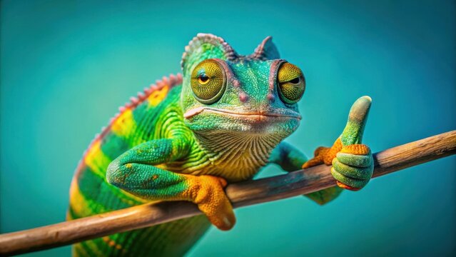 A vibrant chameleon with a bright green, yellow, and orange body perches on a thin branch and gives a thumbs up with a playful grin.