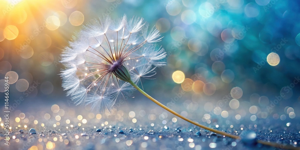 Poster a delicate dandelion seed head with sparkling water droplets on a blue and gold bokeh background