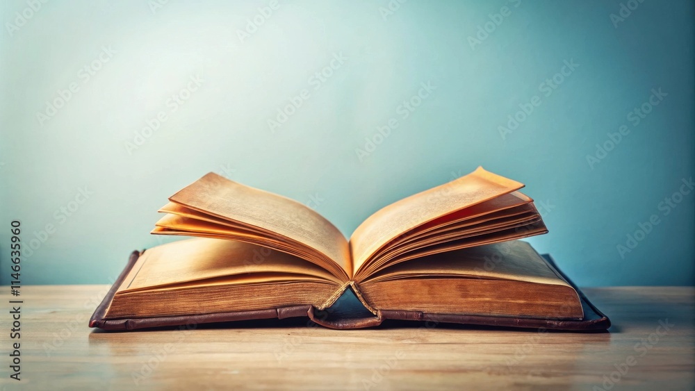 Poster An Open Book with Worn Pages Rests on a Wooden Table Against a Soft Blue Background