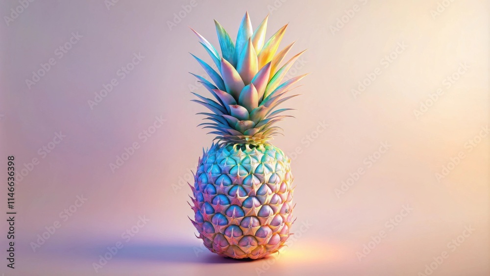 Poster a single, vibrant pineapple with iridescent hues against a soft, pastel background. the pineapple's 