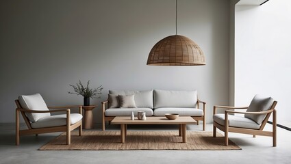 A contemporary living room showcasing minimalist furniture and neutral tones, accented by wooden elements. large pendant light and floods of natural light