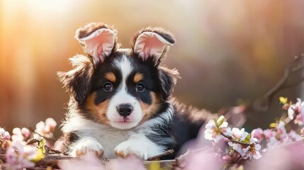 Cute Puppy with Bunny Ears Surrounded by Beautiful Pink Blossoms in Natural Setting