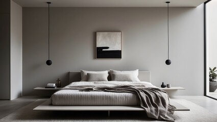 Elegant minimalist bedroom featuring a neutral color palette, suspended light fixtures, and modern decor elements for serene atmosphere.