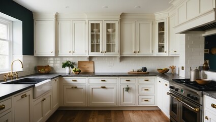 Elegant modern kitchen featuring white cabinetry, black countertops, and natural wood flooring. Fresh fruit and plants enhance inviting atmosphere.