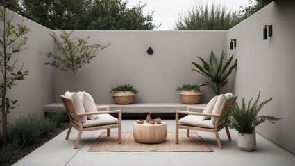 Obraz premium Modern outdoor patio featuring cozy wooden chairs, neutral cushions, potted plants, subtle decor, inviting calm atmosphere for relaxation.