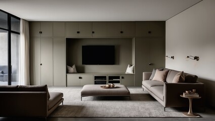 Fototapeta premium Modern minimalist living room with neutral tones, featuring soft sofas, streamlined furniture, large windows, and a cozy atmosphere.