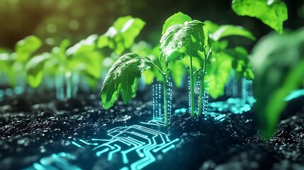 Young plants growing in soil with glowing circuit board lines.

