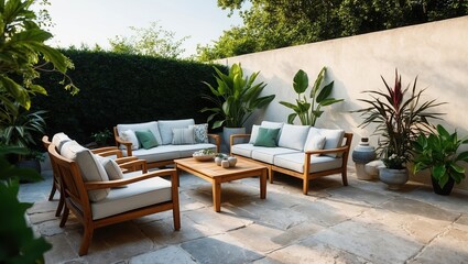 Obraz premium Outdoor lounge area featuring wooden furniture, plush cushions, and lush greenery, ideal for relaxation and social gatherings