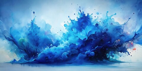 Abstract Watercolor Painting of an Exploding Blue Wave with Subtle Hints of Green and Orange