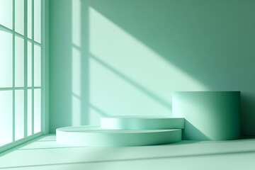 Fototapeta premium Mint Green Minimalist Interior Design with Geometric Platforms