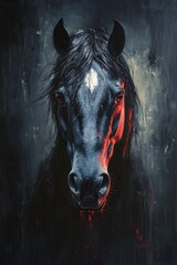 black horse head looking at viewer, dark dramatic background with blacks and grays brush strokes, dramatic