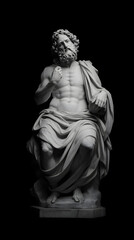 Greek sculpture of an old stoic man, roman god statue, black and white