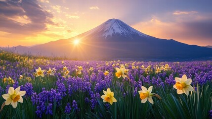 Obraz premium mount fuji sunrise with daffodils and purple flowers
