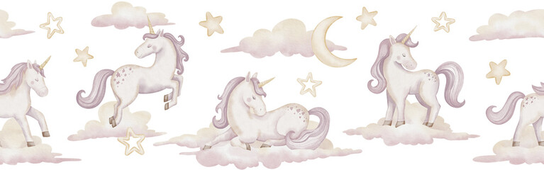 Unicorn watercolor seamless Border. Illustration with cute horse for nursery or childish room wallpaper. Drawing of pony for girls wall art. Pastel Fantasy pattern with clouds and stars. © Alisles