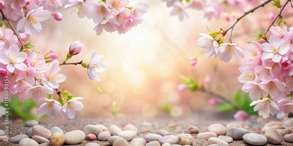 Poster delicate pink blossoms frame a scene of tranquility with smooth stones and a softly blurred backgrou