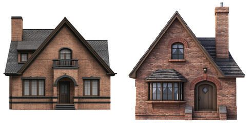 Charming Brick Houses with Unique Architectural Designs and Features isolated on transparent background.