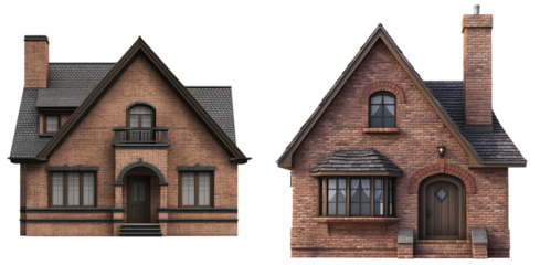 Charming Brick Houses with Unique Architectural Designs and Features isolated on transparent background.