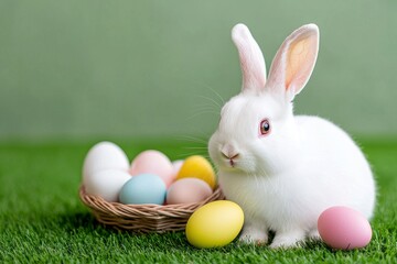 Obraz premium A white rabbit holding a basket brimming with vibrant Easter eggs, set against a green backdrop. Stock image.