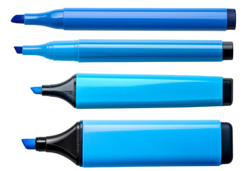 Collection of blue highlighters in various sizes on a white background.