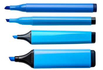 Collection of blue highlighters in various sizes on a white background.