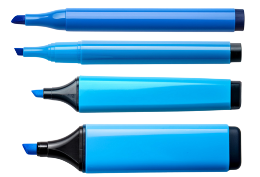 Collection of blue highlighters in various sizes on a white background.