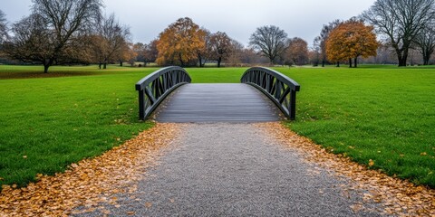 Fototapeta premium Autumn Leaves Falling on Scenic Bridge Public Park Nature Peaceful Environment Ground Level View Tranquility and Reflection in Outdoor Spaces