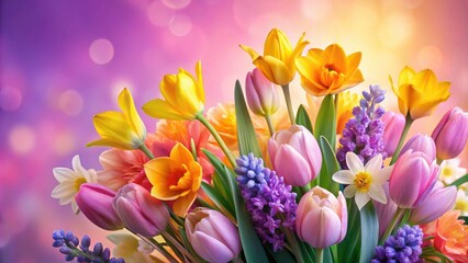 Fototapeta premium A vibrant bouquet of spring flowers, showcasing delicate tulips, cheerful daffodils, and charming hyacinths against a soft, colorful background.