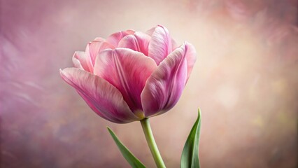 Fototapeta premium A delicate pink tulip with soft petals, standing tall and proud against a dreamy, pastel background.
