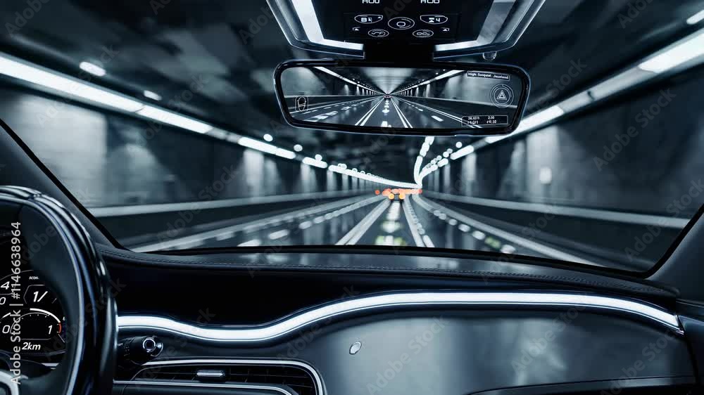 Aufkleber Driving through an illuminated tunnel at night with modern vehicle features in view