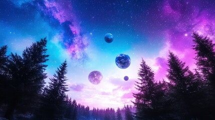 Fototapeta premium Surreal cosmic landscape with planets above a pine forest at twilight.