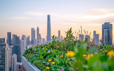 A rooftop garden transformed into a showcase of urban biodiversity on a city skyscraper.