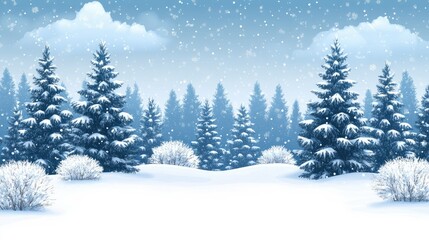 Naklejka premium Snowy winter landscape with snow-covered fir trees and bushes.