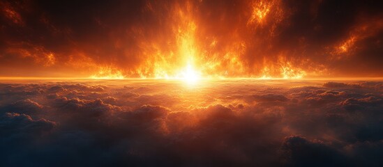 Fototapeta premium Fiery sunset above a sea of clouds.