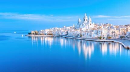 Obraz premium Panoramic view of a coastal town with white buildings and a church reflected in calm blue water under a clear sky.