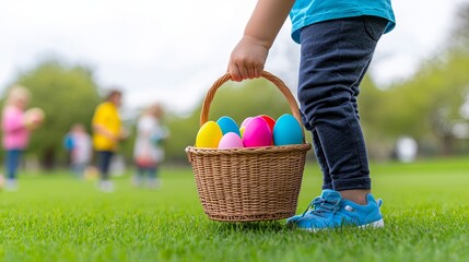 With the sun shining brightly, a joyful child collects a basketful of colorful Easter eggs in the garden.