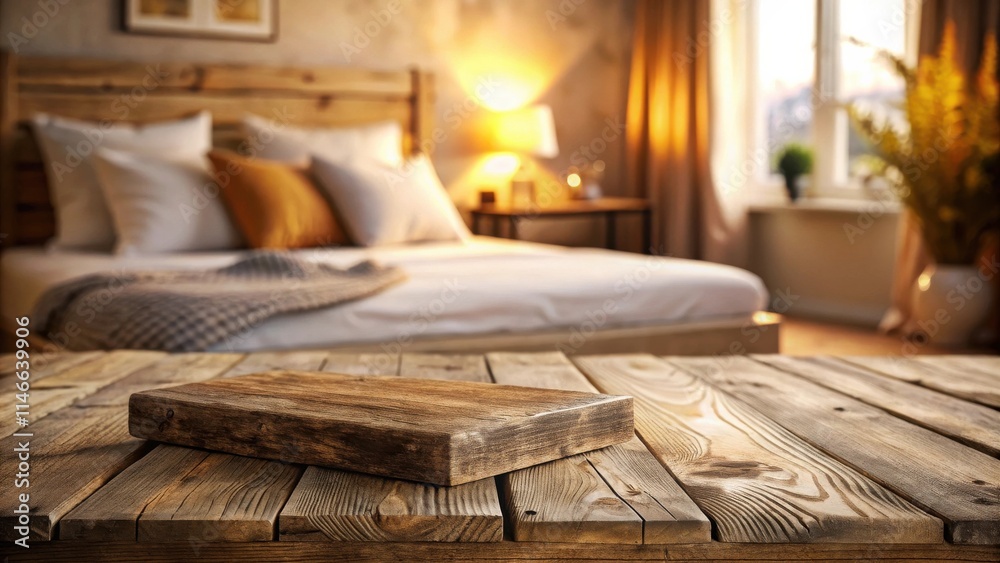 Poster rustic wooden tabletop with a blurred view of a cozy bedroom with soft bedding and warm lighting