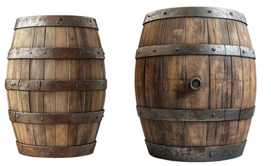 Wooden Barrel with Metal Bands for Rustic Decor and Storage Needs isolated on transparent background.