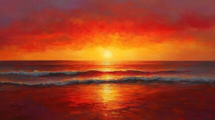fiery sunset over ocean waves