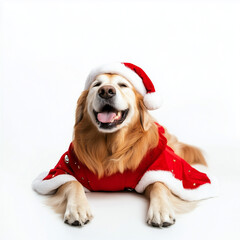 Full body shot of Golden Retriever dog, lying down, smiling. Wearing Christmas costume.